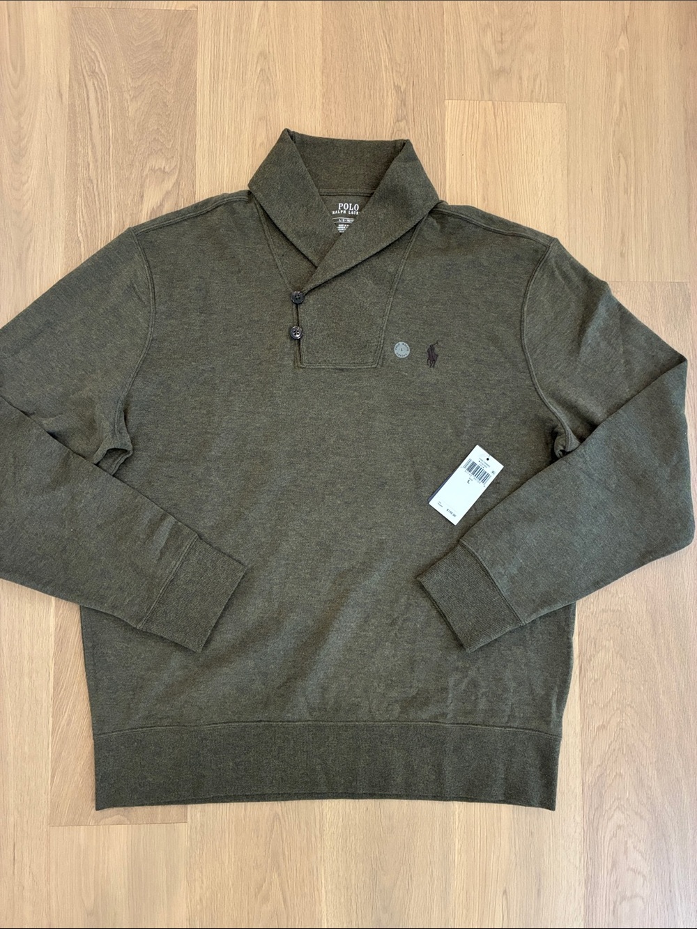 POLO Ralph Lauren Luxury Jersey Shawl-Collar Pullover Sweater, Olive -Size L